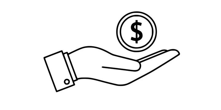 A simple clean line art illustration of an open hand holding a coin with a dollar sign