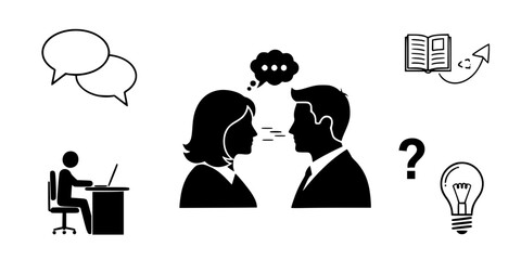 Silhouettes of a woman and a man in profile face each other, suggesting a conversation or consultation