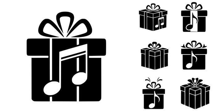 The musical gift box icon combines a present with a prominent eighth note design, symbolizing harmonious celebrations