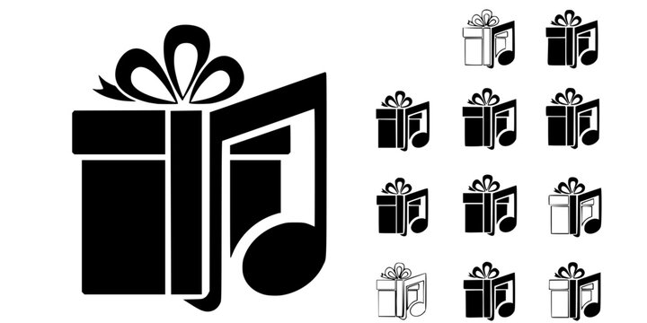 The musical gift box icon combines a present with a prominent eighth note design, symbolizing harmonious celebrations
