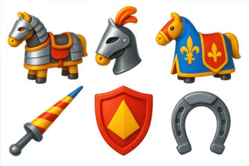 Set of six different figures, including a knight, a horse, and a shield