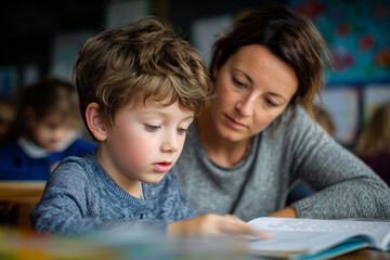 Young child with dyslexia reading a book alongside a supportive teacher. Inclusive learning moment highlighting literacy support, education, and patient guidance in a classroom setting.