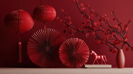 Red decorative scene with lanterns, plum blossoms, and horse figurine for festive decor