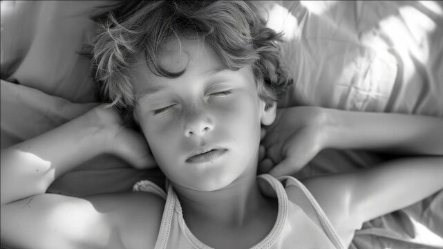 A young boy is seen lying down, asleep with the light hitting him in such a way it highlights his features.