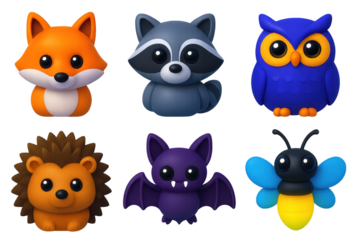 Collection of cute animal characters, including a raccoon, a fox, a bat, a bee
