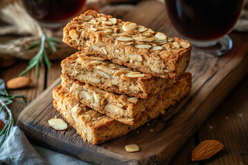 Golden brown almond biscotti with a crunchy, twice-baked texture. Traditional Italian biscuit perfect for coffee or tea, isolated on white for bakery and dessert concepts.