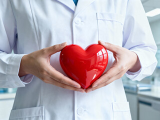 Doctor in white coat holding a red heart shaped object in their hands in a bright medical setting
