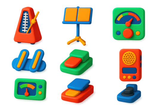 Set of musical instruments and equipment, including a metronome, a keyboard