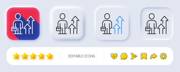 Business results line icon. Neumorphic, Flat shadow, 3d buttons. Person with suitcase sign. Leader skill symbol. Line business results icon. Social media icons. Vector