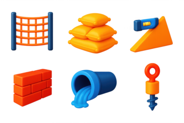 Erosion Control Icons. 3D icon set of erosion control tools: barrier nets, sandbags, slope measurement tools, retaining walls,