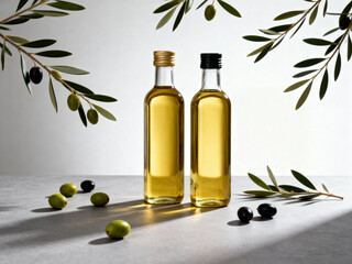 Two bottles of olive oil with gold and black caps surrounded by olives and olive tree branches on a table