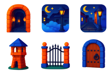 3D Night Patrol Icons. 3D icon set of night patrol environments: castle corridor, foggy alley, cobbled street, watchtower, iron