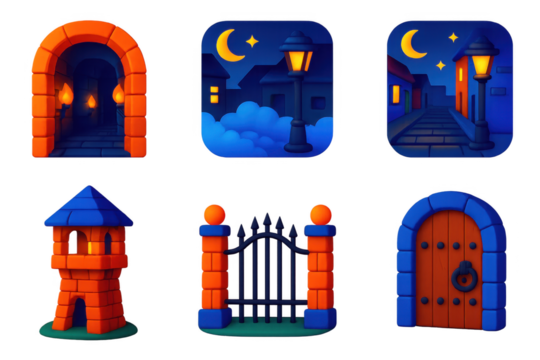 3D Night Patrol Icons. 3D icon set of night patrol environments: castle corridor, foggy alley, cobbled street, watchtower, iron