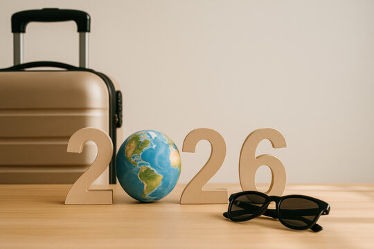 Wooden numbers 2026 with a small globe, suitcase and sunglasses on a wooden table, symbolizing new year travel plans, vacation goals and future adventures, warm minimal travel concept