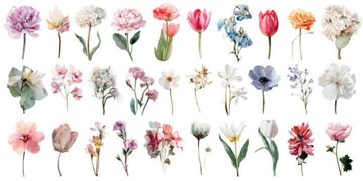 Collection of delicate watercolor floral illustrations with soft pastel colors on white background