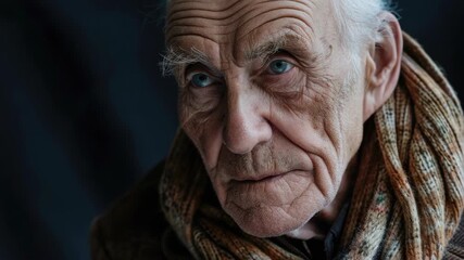 Close-up portrait of an old man with a thoughtful expression and blue eyes.