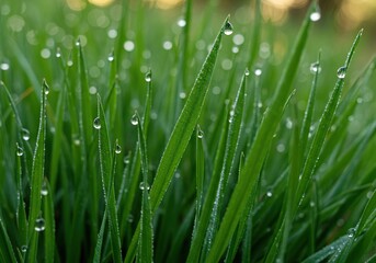 Obraz premium Exceptionally sharp and vibrant green grass blades glisten with morning dew, showcasing intricate details and natural purity in bright light ,nature ,bright ,lush