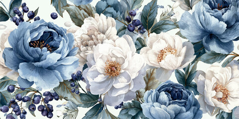 Elegant vintage floral pattern with soft blue and cream peonies and greenery