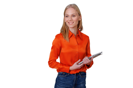 Blonde woman in orange shirt holding tablet, smiling and looking away, presenting digital information on transparent background