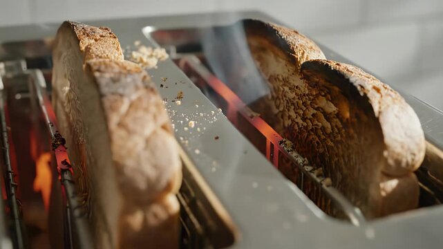 Close-up of bread toasting in a silver toaster, showing the heating elements glowing and smoke rising.
