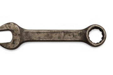 Old rusty metal wrench tool providing mechanical repair and maintenance on a transparent background
