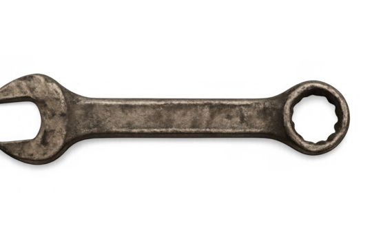 Old rusty metal wrench tool providing mechanical repair and maintenance on a transparent background