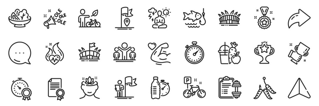 Yoga mind, Arena stadium and Dumbbell line icons pack. Share, Message, Paper plane icons. Juice, Yoga, Timer web icon. Eco bike, Leadership, Strong arm pictogram. Winner cup, Flag, Arena. Vector