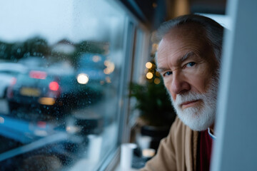 An elderly man with a thoughtful expression is staring out of a window during a rainy day, showcasing his emotions and a cozy indoor atmosphere.