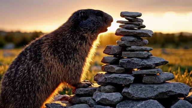 groundhogs and woodchucks - Golden-hour rodent examines a stacked stone cairn in a meadow, warm rim light highlighting textured fur and rocks, peaceful outdoor scene evoking gentle curiosity at dusk