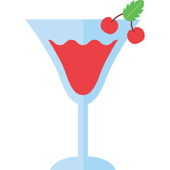 A Light Blue Martini Glass Filled With Red Liquid Garnished With Two Red Cherries And Green Leaves On A White Background