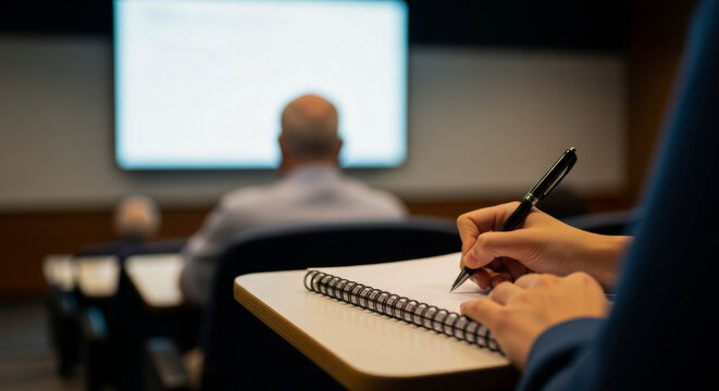 Close-up of a person's hand writing with a pen in a spiral notebook on a chair desk in a dark room during a lecture or seminar, with a blurred screen and audience in the background. - Powered by Adobe