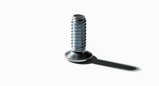 A single metal screw with a flat head stands isolated on a white background, casting a hard shadow. Minimalist and graphic high-key studio shot. - Powered by Adobe