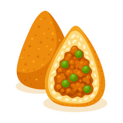 Crispy Sicilian arancini cut open to reveal tasty rice, peas, and meat sauce in vector flat design