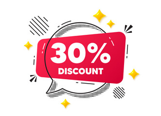 Discount chat speech bubble. Social media concept. 30 percent discount tag. Sale offer price sign. Special offer symbol. Red chat message. Offer speech bubble. Glare 3d stars. Vector