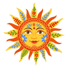 Decorative sun face illustration with floral rays in vibrant folk art style on white background