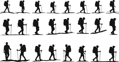 Hiking man silhouettes, backpacker walking with trekking poles, outdoor adventure icons set, mountain trail hiker illustration, black vector, camping design, travel exploration, © Sohan Creatives