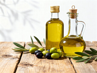 Olive oil bottles with green and black olives on a rustic wooden table surface setting