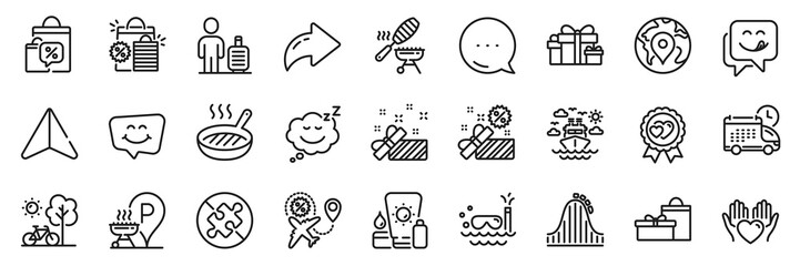 Fish grill, Delivery and Grill place line icons pack. Share, Message, Paper plane icons. Sleep, Smile chat, Roller coaster web icon. Baggage, Hold heart, Holiday presents pictogram. Vector