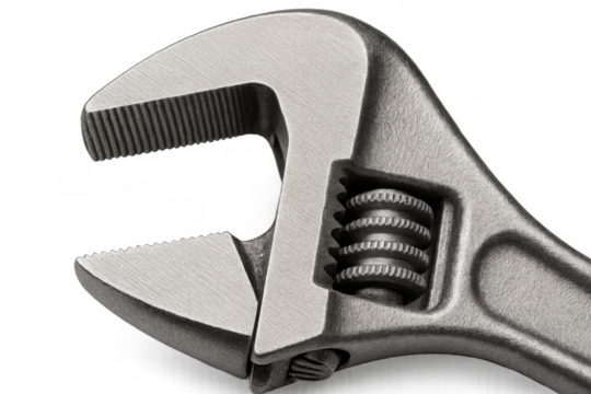 Adjustable wrench head showing gears and textured jaws, tool for repair and construction, transparent background