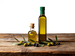 Olive oil bottles with green and black olives on a rustic wooden table against white backdrop