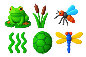 Swamp Ecosystem Icons. 3D icon set of swamp ecosystem: frog on lily pad, cattail, mosquito, turtle shell, algae, dragonfly. A set