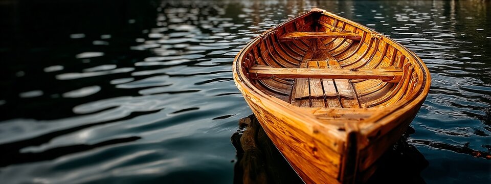 a wooden boat floating on calm waters at sunset
