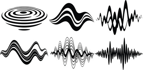 Sound wave silhouettes, abstract waveform icons, audio signal, frequency pattern, concentric ripple, black vector, editable, isolated, design elements
