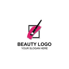 Black Makeup Brush Pink Stroke Beauty Logo Design with Creative Illustration