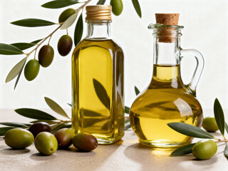olive oil in glass bottles with olives and leaves on a neutral colored surface