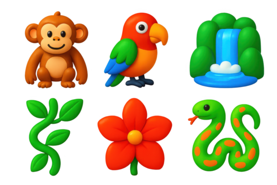Jungle Icon Set. 3D icon set of jungle elements: monkey, parrot, waterfall, vine, tropical flower, snake. A set of 3D-style icons