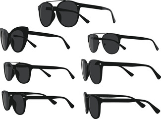 Sunglasses collection, black aviator and wayfarer frames, modern eyewear set, UV protection shades, fashion accessories, minimalist vector, side views, stylish design, glossy lenses, unisex frames