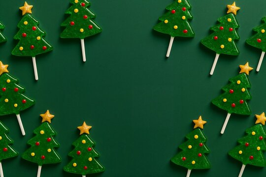 Christmas tree lollipop green candy border with yellow star decorations arranged on dark green background forming a festive holiday frame for seasonal sweet treat themed compositions