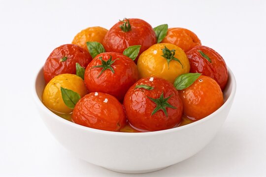 Colorful roasted cherry tomatoes in red and yellow shades with basil leaves served in white bowl on white background ideal for Mediterranean food branding recipes and packaging layouts