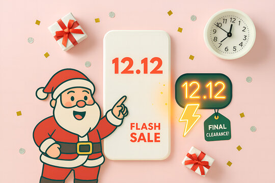 Cheerful santa claus promoting 1212 flash sale on smartphone with gifts and clock on pink background for online shopping - Powered by Adobe